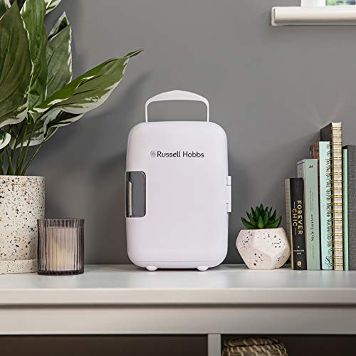 Russell Hobbs RH4CLR1001 4L/6 Can Portable Mini Cooler & Warmer for Drinks, Cosmetics/Makeup/Skincare, AC/DC Power, Retro Style, White, For Bedroom, Home, Caravan, Car
