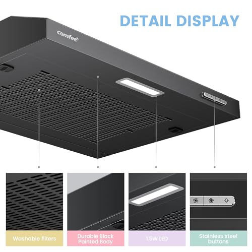COMFEE' 60 cm Visor Cooker Hood SLIF17B-60 LED Extractor Hood Under Cabinet Hood Wall Mounted Extractor Fan 600 mm Top Vented Range Hood - Black KWH-SLIF17B-60