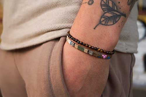 Made by Nami 2er Set Surfer-Armband Herren & Damen • 100% Wasserfest & Handmade • Perlen-Armband Boho Stoff-Armband • Sommer Strand-Schmuck • Freundschaftsarmbänder (Safari & Tigerauge)