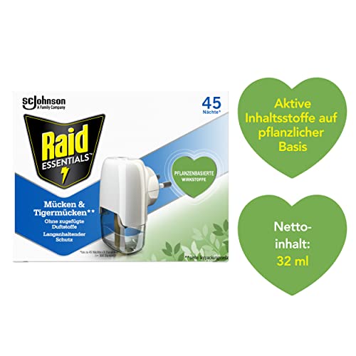 Raid Essentials Mückenstecker 45 Nächte, Elektrischer Insekten-Schutz vor Mücken & Tigermücken, mit pflanzlichen Wirkstoffen, geruchsneutral, 1er Pack (1 x 32 ml)