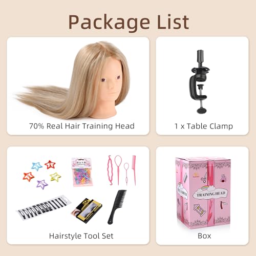 Frisierkopf 70% Echthaar Übungskopf 24 Zoll Frisierkopf Friseure Trainingsköpfe für Friseure zum Frisieren und Schminken Ausbildung Kopf Mit Halter + DIY Haare Set
