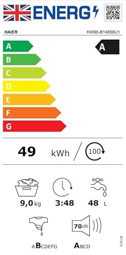 Haier HW90-B14959U1 Freestanding Washing Machine with LED Display, 9kg Load, 1400RPM, Direct Motion, White, A Rated