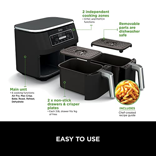 Ninja Foodi Dual Zone Digital Air Fryer, 2 Drawers, 7.6L, 6-in-1, Uses No Oil, Air Fry, Max Crisp, Roast, Bake, Reheat, Dehydrate, Cooks 4-6 Portions, Non-Stick, Dishwasher Safe Baskets, Black AF300UK