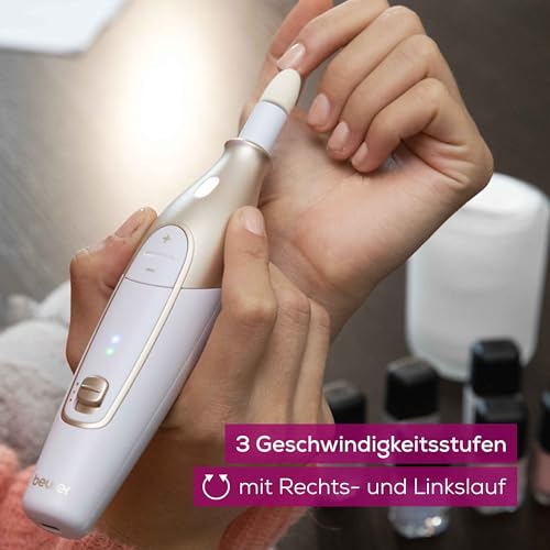 Beurer MP 64 Maniküre/Pediküreset, elektrisches Nagelpflegeset mit Akku, 10 Aufsätze zur Nagelpflege für schöne Hände und Füße, mit LED Licht, Einheitsgröße, White and gold