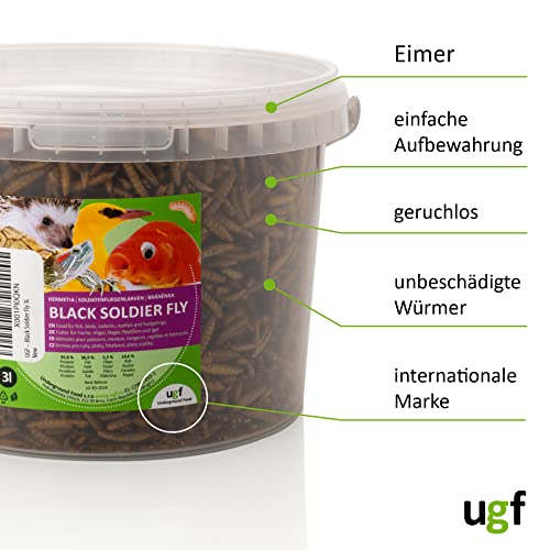 UGF - Hermetia Besser als getrocknete Mehlwürmer 3-Liter ≈ 430g, 85-mal mehr Kalzium als lebende Mehlwürmer, BSFL Futter für Wildvögel, Schildkröten, Ratten, Igel, Hamster - Soldatenfliegenlarven