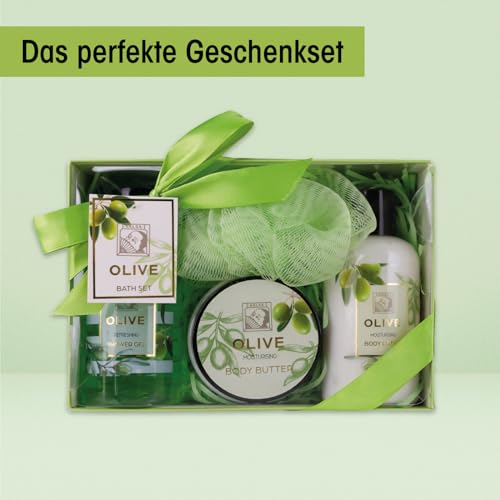 Accentra – Duschset Frauen Geschenkset OLIVE in schöner Geschenkbox – 4-teiliges Pflegeset mit Duschgel, Bodylotion, Körperbutter und Netzschwamm – Wellness Geschenk Set zum Geburtstag