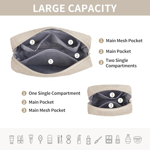 MAGEFY 2 Pcs Kleine Make up Tasche für Handtasche, Cord Make up Tasche mit Fächern Reise Make up Tasche für Mädchen Frauen (Beige)