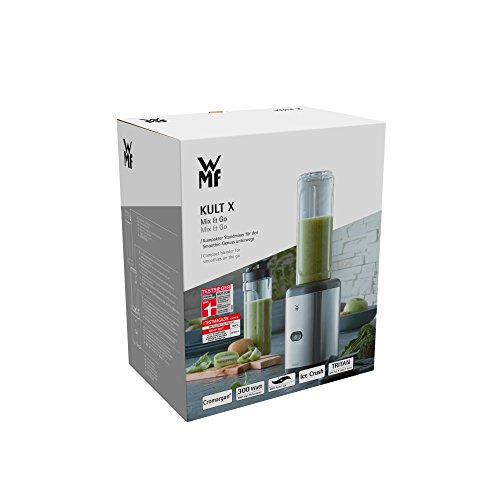 WMF Kult X Mix & Go Mini Smoothie Maker, Standmixer, Blender elektrisch, Shake Mixer 300 Watt Leistung, Tritan-Kunststoff Flasche 600ml, auslaufsicherer Schraubdeckel, rutschfeste Füße, Silber/Schwarz