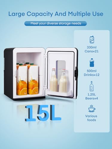 Mini Fridge 15L/21 Cans Mini Fridge for Bedrooms, Upgrade AC+12V DC Power Small Fridge for Bedroom, Car, Office, Travel | Max & ECO Mode, Thermoelectric Cooler and Warmer | for Skincare, Beauty, Drink