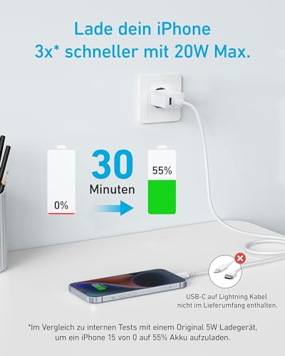 Anker 20W USB C Ladegerät, iPad Netzteil, USB-Schnellladenetzteil, iPad Ladegerät, Kompatibel mit iPhone 16/15/iPhone 15 Plus/iPhone 15 Pro/iPhone 15 Pro Max/iPad und mehr (mit 150cm USB-C Kabel)
