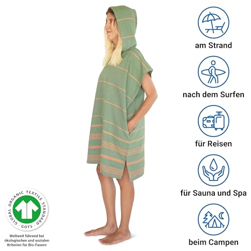LeStoff Badeponcho - 100% Bio-Baumwolle - Leicht, Saugstark, Schnelltrocknend, Strandponcho, Handtuchponcho, Surfponcho, Umkleideumhang, Handtuchkleid, Duschponcho, Umziehponcho (Olive-Orange, L)