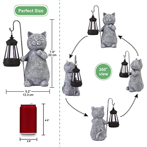 Yeomoo Katze Gartenfiguren für Außen mit Solar Laterne – Lustig Wasserdicht Solarlampe Figur Gartendeko für Draußen Balkon Terrassen Geschenke für Frauen Männer Mama Geburtstag Feengarten Grau