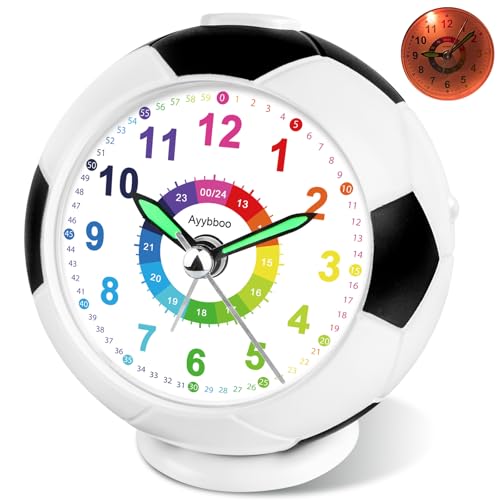 Ayybboo Kinder Wecker für Jungen Mädchen,Ohne Ticken mit Analoge kinderwecker Fussball, Nachtlicht Schlummerwecker, Kinderlehrwecker für Schulanfänger Jungen und Mädchen