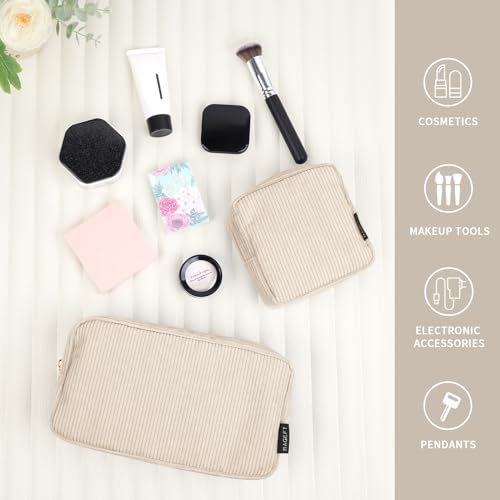 MAGEFY 2 Pcs Kleine Make up Tasche für Handtasche, Cord Make up Tasche mit Fächern Reise Make up Tasche für Mädchen Frauen (Beige)