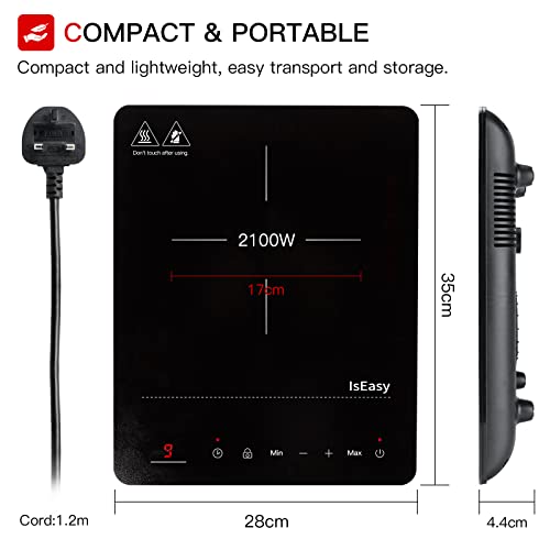 IsEasy Single Induction Cooker 2100W Portable Induction Hob with Slim Black Crystal Panel Body, Induction Plate with 9 Power Levels Setting, Max & Min Function, 8-hours Timer, Safety Lock (WQ-8030)