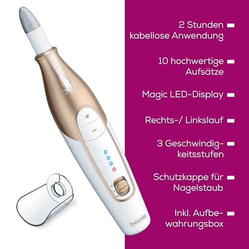 Beurer MP 64 Maniküre/Pediküreset, elektrisches Nagelpflegeset mit Akku, 10 Aufsätze zur Nagelpflege für schöne Hände und Füße, mit LED Licht, Einheitsgröße, White and gold