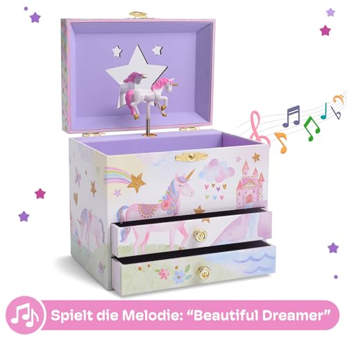 Jewelkeeper Musikalisches Schmuckkästchen Kinder Mädchen - Einhorn Schmuckkasten mit Glitzer Regenbogen - Zwei Schubladen - Schmuckdose Kinder - Fördert Kreativität - The Beautiful Dreamer Melodie