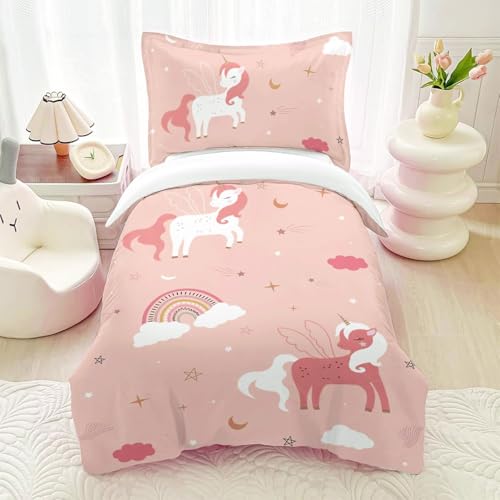 HOM Einhorn Bettwäsche 135x200 Mädchen - Rosa Regenbogen Bettwäsche für Kinder - mit 80x80cm Kissenbezug 2 teilig