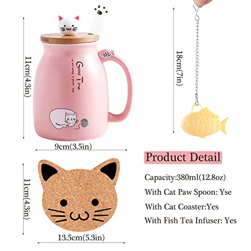 Katzen-Tasse Süße Keramik Kaffeetasse mit deckel,Edelstahl Löffel, Neuheit Morgen Cup Tee Milch Weihnachten Becher Geschenk Teetasse mit Deckel und Sieb Geschenke für Frauen380ML (Rosa)