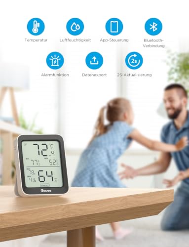 Govee Thermometer Hygrometer Innen, LCD Digital Temperatur luftfeuchtigkeitsmesser mit Benachrichtigungs Alarm, Präzise Thermo-Hygrometer mit APP, Datenspeicherung für Gewächshaus Weinkeller