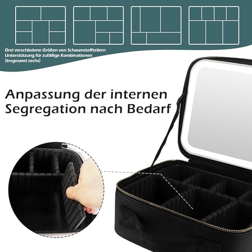 MOMIRA Reise-Makeup Tasche Kosmetiktasche mit beleuchtetem Spiegel, Einstellbarer Helligkeit in 3 Farbszenarien, Geschenk für Frauen - Schwarz