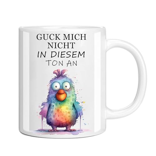 Tasse aus Keramik, Kaffeetasse, Keramikbecher mit Motivdruck, Beidseitig Bedruckt, Text Gravur - Guck mich nicht in diesem Ton an, Geschenk für Freundin Freunschaft Arbeitskollegin