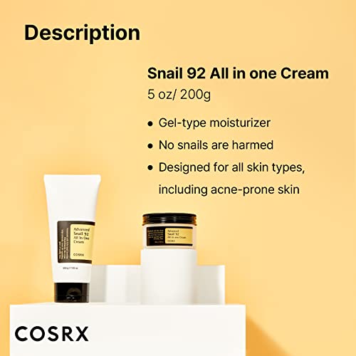 COSRX Advanced Snail 92 All in One Crème(Maxi-Größe) Snail Mucin Gesichtscreme für trockene & empfindliche Haut Feuchtigkeit & Anti Falten mit Schneckenschleim, Feuchtigkeitscreme Korean Skincare 200g