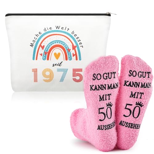 Xuniea Lustige Geschenke für Frauen zum 50. Geburtstag Inklusive 1975 Kosmetiktasche zum 50. Geburtstag und 50. Geburtstagssocken Make-Up Tasche und Strümpfe Geschenk für Damen Jahrgang 1975
