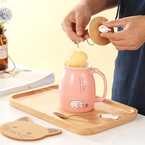 Katzen-Tasse Süße Keramik Kaffeetasse mit deckel,Edelstahl Löffel, Neuheit Morgen Cup Tee Milch Weihnachten Becher Geschenk Teetasse mit Deckel und Sieb Geschenke für Frauen380ML (Rosa)