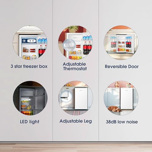 Fridgemaster MUR4894E 82L Under Counter Fridge with LED Lighting, Adjustable Temperature Control, Reversible Door and 3 star Ice Box, White, E rated