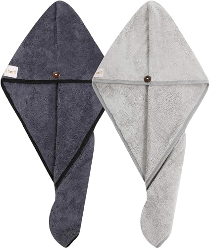 M-bestl 2 Pack Haartuch Turban, Mikrofaser-Haartrocknungshandtuch mit Knopfdesign zum Trocknen der Haare (Dunkelgrau & Hellgrau