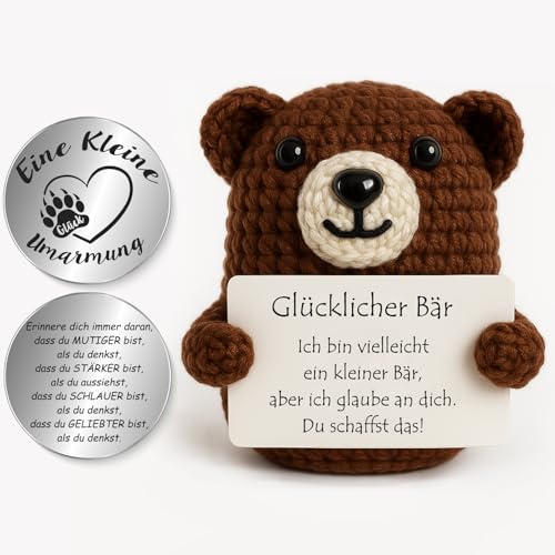 Tixlux Pocket Hug Glücklicher Bär, Kreative Strickwolle Bär Puppe und Kleine Umarmung Glücksbringer (Grau), Mutmacher Geschenk, Gute Besserung Geschenk, Geschenk zum Abschluss