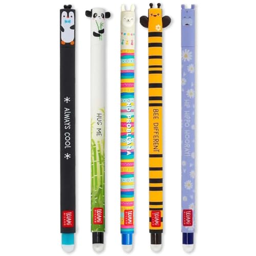 Legami – Set aus 5 radierbaren Gelstiften mit wärmeempfindlicher Tinte, einer Auswahl an Tintfarben und Designs, 0,7 mm Spitze, mit den Motiven Pinguin, Panda, Lama, Biene und Nilpferd
