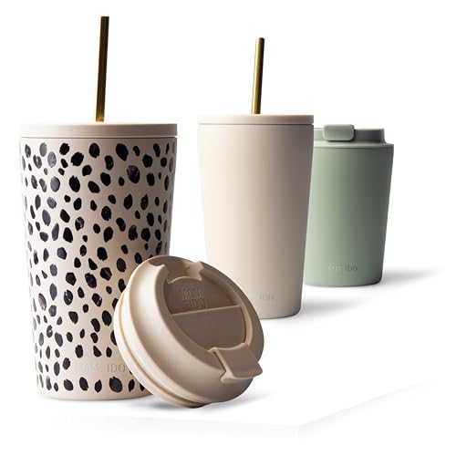 MAMEIDO Thermobecher mit Strohhalm 470ml, Trinkbecher mit Deckel und Strohhalm aus Edelstahl doppelwandig isoliert, auslaufsicher, Coffee to go Becher (Almond Flakes, 0,47l)