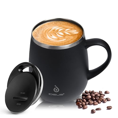 Ideus Kaffeebecher 470 ml (16 oz), doppelwandige vakuumisolierte Kaffee- und Teetasse aus Edelstahl mit rutschfestem Griff und Schiebemoduldeckel und großem Volumen (Schwarz)