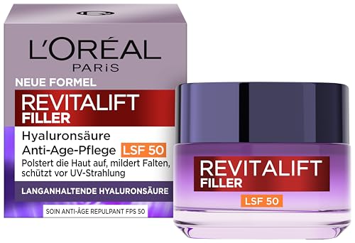 L'Oréal Paris Anti Age Tagespflege LSF 50 für Frauen: hydratisiert die Haut und bekämpft Hautalterung mit 3 Arten von Hyaluronsäure und LSF 50+, Revitalift Filler, 1x 50ml