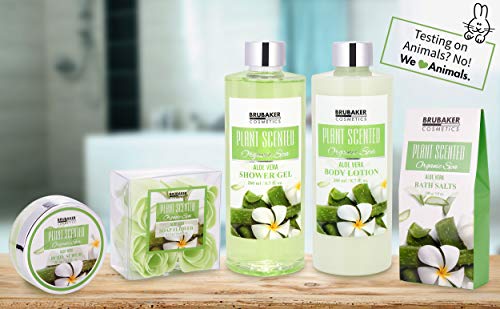 BRUBAKER Cosmetics Bade- und Dusch Set Aloe Vera - 7-teiliges Geschenkset in dekorativer Wanne - Damen Beauty Set mit Badewanne Silber