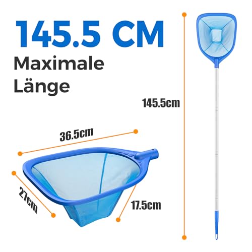 Mowend 145cm Skimmer Pool Kescher, Poolreinigung Kescher Feinmaschig mit Stab 1,14M Langer Aluminiumstange, 17,5cm Tief Kescher für Pool, Spa, Teiche, Whirlpools