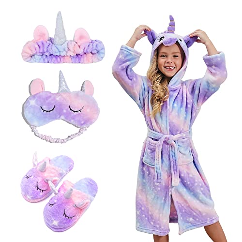 Piefry Weicher Einhorn-Bademantel mit Kapuze für Mädchen mit Einhorn-Pantoffeln, Augenbinde und Stirnband - Geschenke für Mädchen (Purpur, 8-9 Jahre)