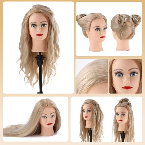 Frisierkopf 70% Echthaar Übungskopf 24 Zoll Frisieren Trainingsköpfe für Friseure Ausbildung Kopf Mit Halter + DIY Haare Set