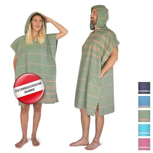LeStoff Badeponcho - 100% Bio-Baumwolle - Leicht, Saugstark, Schnelltrocknend, Strandponcho, Handtuchponcho, Surfponcho, Umkleideumhang, Handtuchkleid, Duschponcho, Umziehponcho (Olive-Orange, L)
