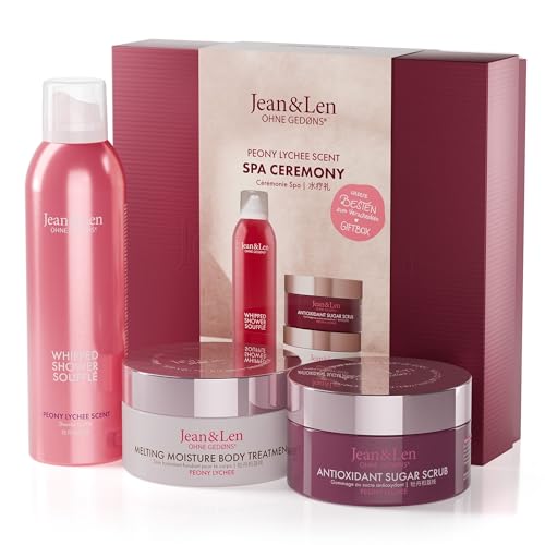 Jean & Len Spa Ceremony Giftbox Peony & Lychee, hochwertige Geschenkbox mit 3 hochwertigen Produkten, Produkte für Körper und Geist, Verpackung ist FSC zertifiziert, veganes Geschenkset