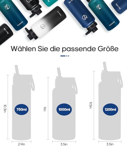 HydroPal Edelstahl Trinkflasche - 750ml, 1L, 1,2L, BPA-Frei, Kohlensäure geeignet, Isolierte flasche mit Strohhalm & 2 Deckel, Auslaufsichere Isolierflasche für Sport (Schwarz, 750 ml)