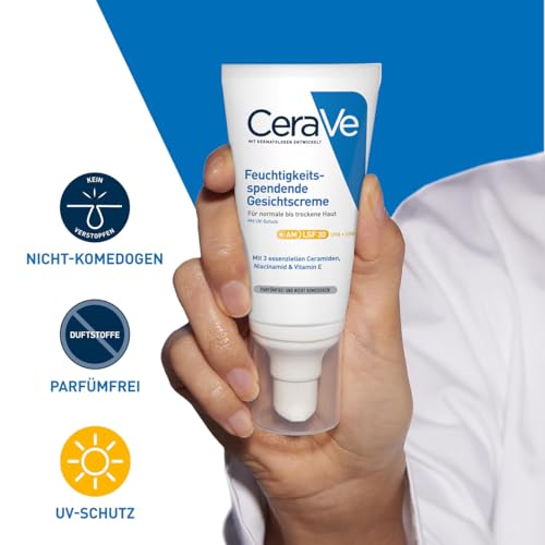 CeraVe Gesichtscreme mit LSF 30, Feuchtigkeitsspendende Creme mit Lichtschutzfaktor 30, Ohne Duftstoffe und Parabene, Bei normaler bis trockener Haut, 52 ml