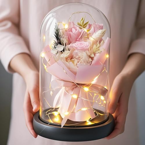 DINGHENG Ewige Rose im Glas mit LED, Rosa Rose Blumenstrauß, Geschenk für Frauen, Dekoration für Zuhause, Langlebige Echte Blumen für Freundin Weihnachten Valentinstag Muttertag Geburtstag