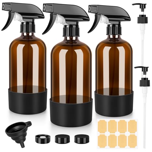 BELICOO 3 Stk 480ml Sprühflasche, Glas Pflanzensprühflasche, Sprühflaschen für Reinigung, Pflanzen, ätherische Öle, Haarpflege, nachfüllbare leere Sprühflasche mit justierbarer Düse für Spritz