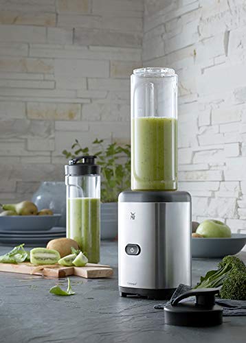 WMF Kult X Mix & Go Mini Smoothie Maker, Standmixer, Blender elektrisch, Shake Mixer 300 Watt Leistung, Tritan-Kunststoff Flasche 600ml, auslaufsicherer Schraubdeckel, rutschfeste Füße, Silber/Schwarz