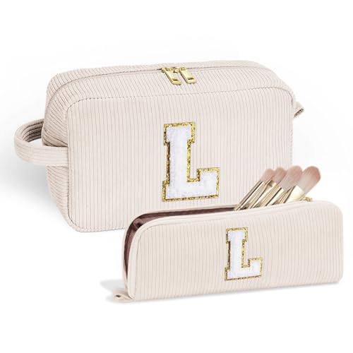 Parima Kosmetiktasche Damen Mädchen - 2 Stück Cord Kosmetiktasche Klein Beige Kulturtasche Personalisierte Geschenke für Frauen Mama Geburtstagsgeschenk für Mädchen Kosmetiktasche mit Buchstaben L