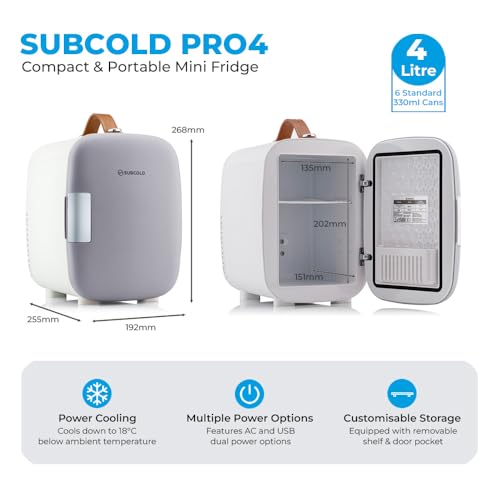 Subcold Pro4 Luxury Mini Fridge Cooler | 4 Litre / 6 Cans | Portable Small Fridge for the Office, Bedroom, Car, Travel, Skincare & Cosmetics (Grey New)