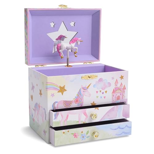 Jewelkeeper Musikalisches Schmuckkästchen Kinder Mädchen - Einhorn Schmuckkasten mit Glitzer Regenbogen - Zwei Schubladen - Schmuckdose Kinder - Fördert Kreativität - The Beautiful Dreamer Melodie
